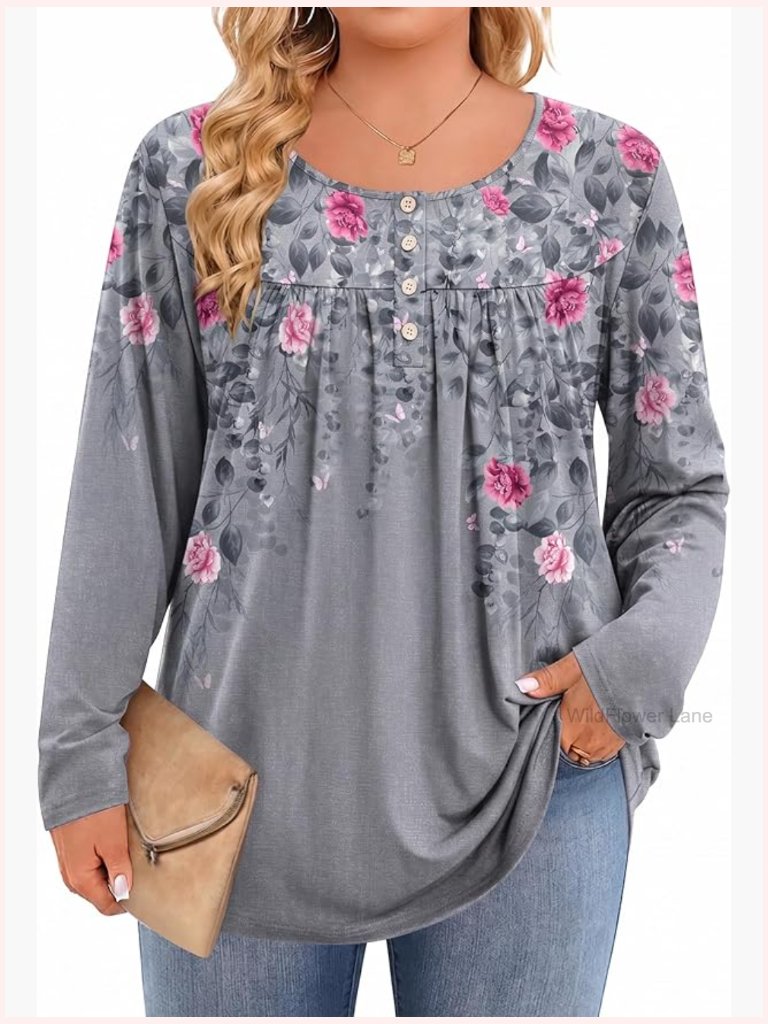Plus Size Long Sleeve Tunic Blouse Crew Neck Loose Fit Fall Top